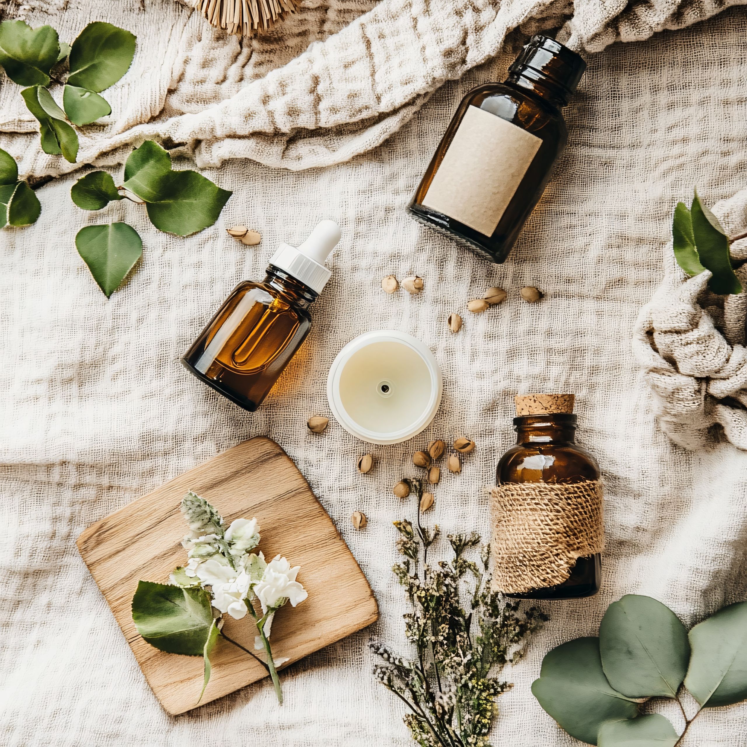 Discover a serene display of eco-friendly products perfect for a sustainable lifestyle. Featuring natural ingredients, relaxing aromas, and a soothing atmosphere.